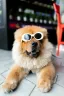 Theo the golden retriever wearing a pair of rainbow sunglasses